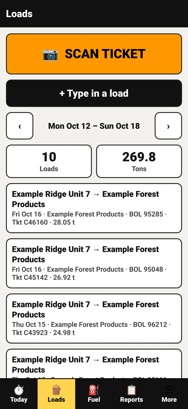 Driver view of the loads list with pay amounts hidden