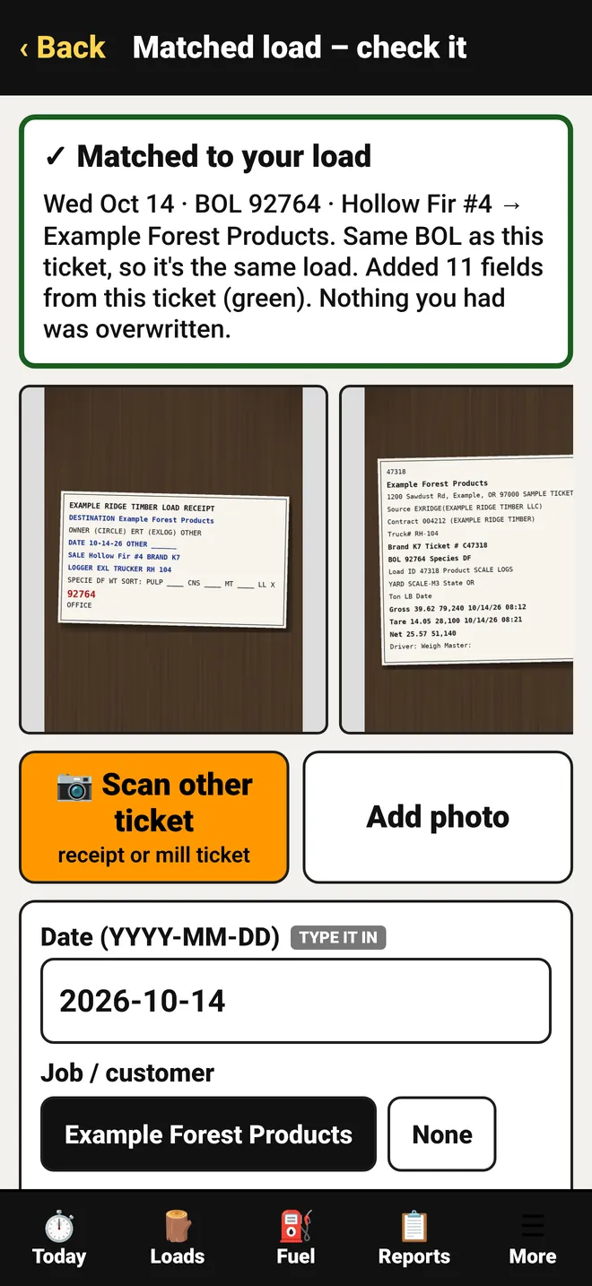 Scanned scale ticket matched to the logger receipt by BOL